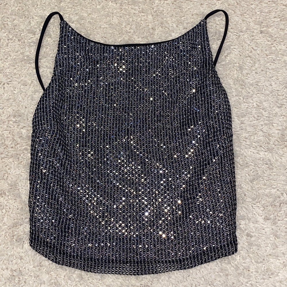 Black Sequin Open Back Tank Top